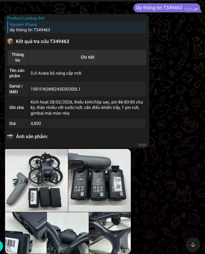 Product Lookup Bot returning consumer drone product details and photo gallery in Telegram